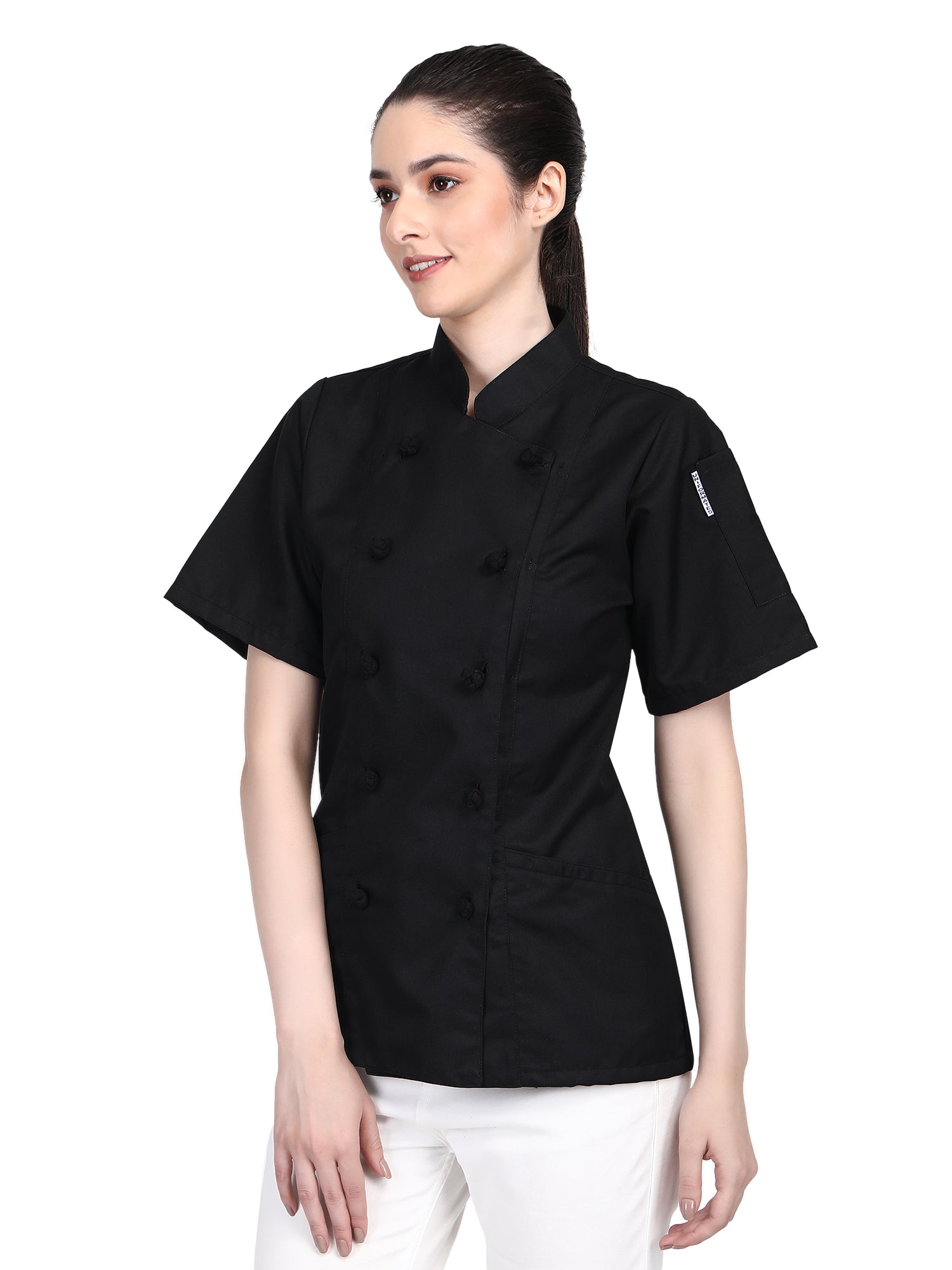 Short Sleeves Knotted Cloth Buttons Women Chef Coat Jacket Uniform ideal for food service, Caterers and Culinary professional – Black